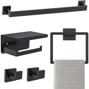 Matte Black Bathroom Hardware Accessories Set 5-Pieces Black Towel Bar Set Stainless Steel Towel Holder Set 16 Inch Towel Bar, Towel Racks Set for Bathroom Wall Mounted