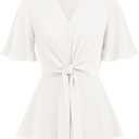 GRACE KARIN 2026 Women's Elegant V Neck Peplum Tops Tie Front Short Bell Sleeve Shirts Tops Blouse (White, S)