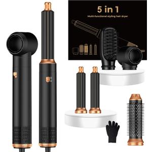 5 in ONE Hair Dryer Brush, Blow Dryer Curling Wand Hair Styling Tools Set, Ionic Hot Air Brush Round Brush Blow Dryer, Left&Right Styler 100-120V (Black)