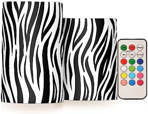 Kcldeci Flameless Candles Zebra Print Animal Skin Tiger Stripe Battery Operated Candle LED Flameless Candles Remote Control Candles Outdoor LED Flameless Pillar Candles Set of 2