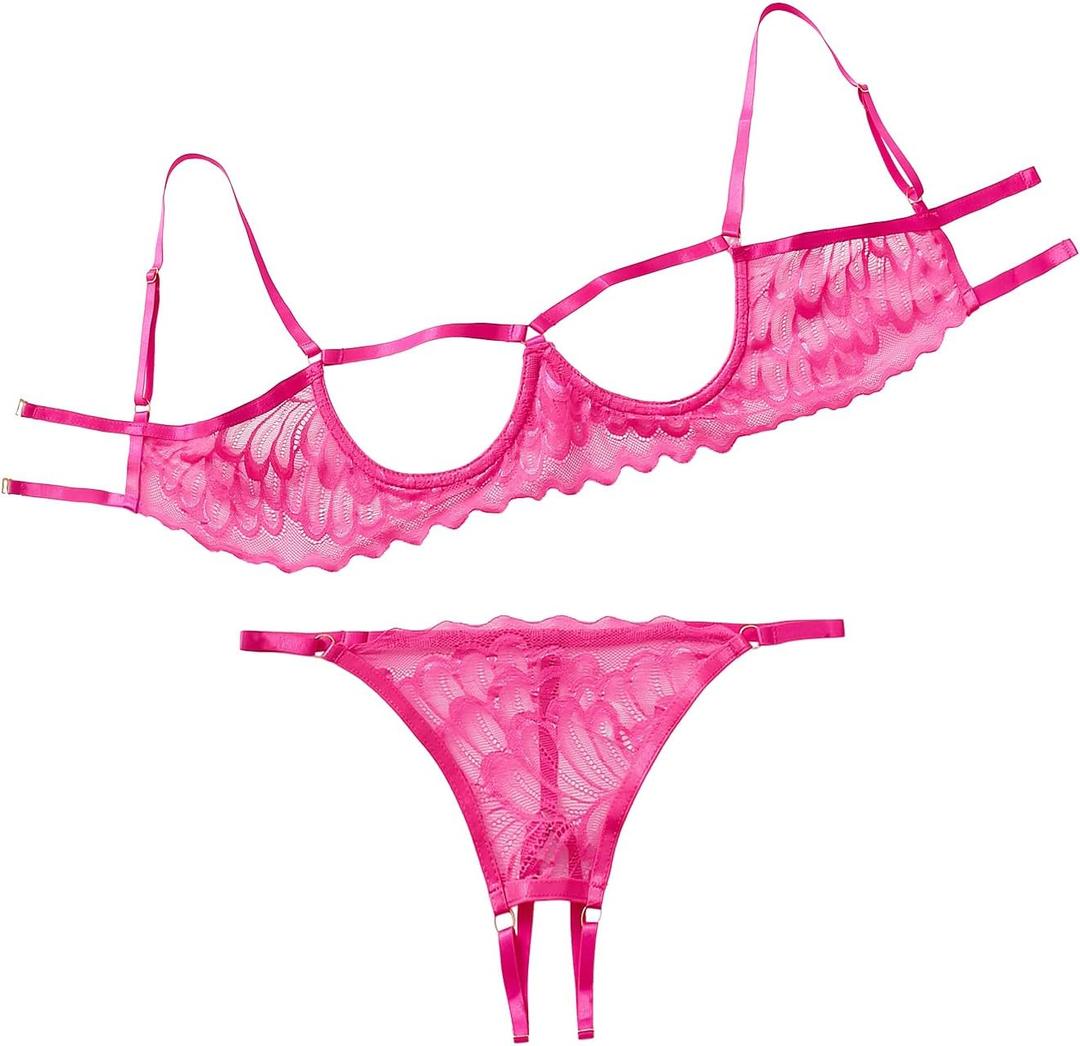 Lilosy Sexy Underwire Floral Lace Sheer Lingerie Set for Women See Through Bra and Panty 2 Piece (3X-Large, Hot Pink)