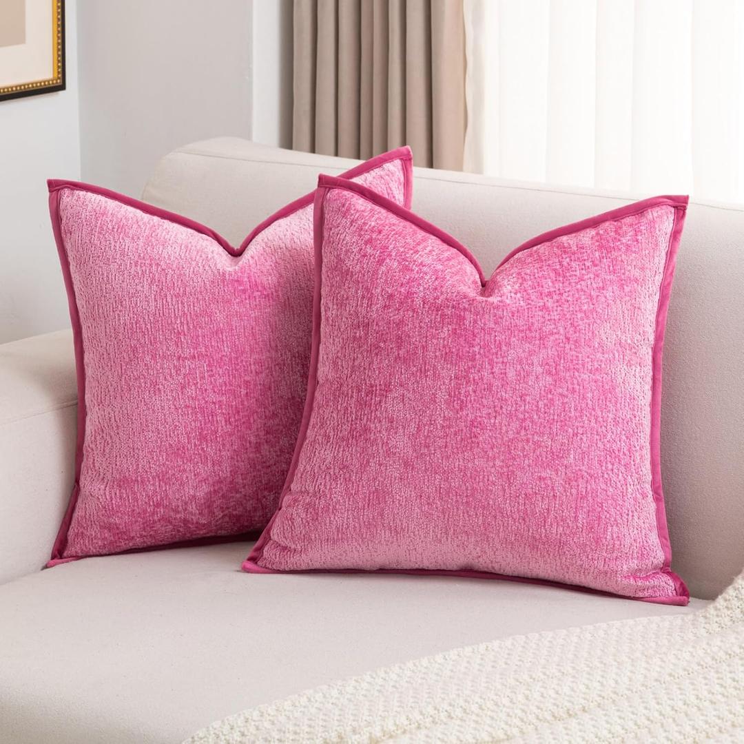 FUTEI Hot Pink Chenille Throw Pillow Covers 26x26 Inch Set of 2,Soft Cozy Bound Edge Design Euro Pillow Sham, Home Decor for Couch Bed Living Room
