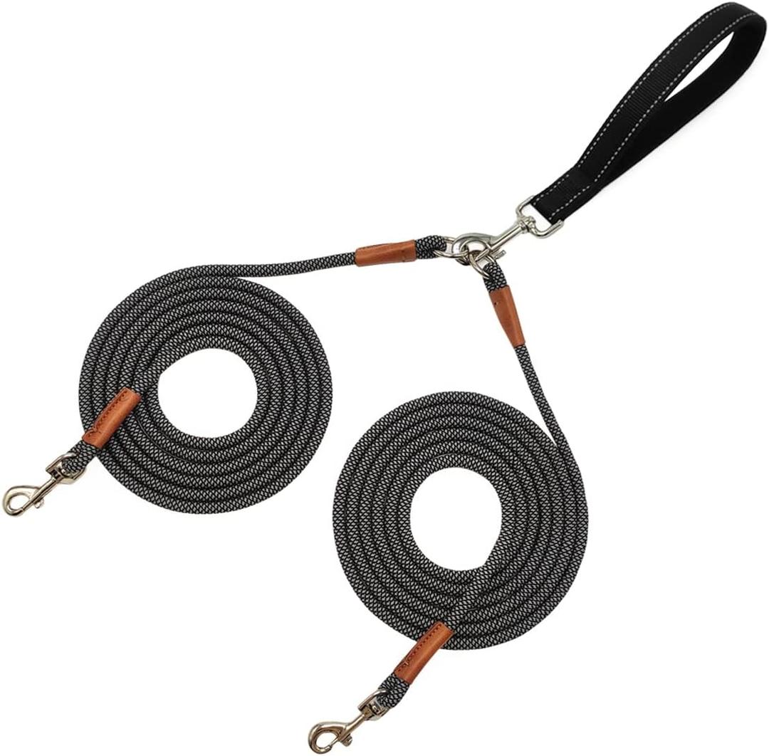 8 FT Double Dog Leash, 2 Way Mulitiple Dog Leash Detachable No Tangle with Soft Padded Handle, 1/4" Rope Dual Lead for 2 Dogs Outdoor Walking (Black Grey)
