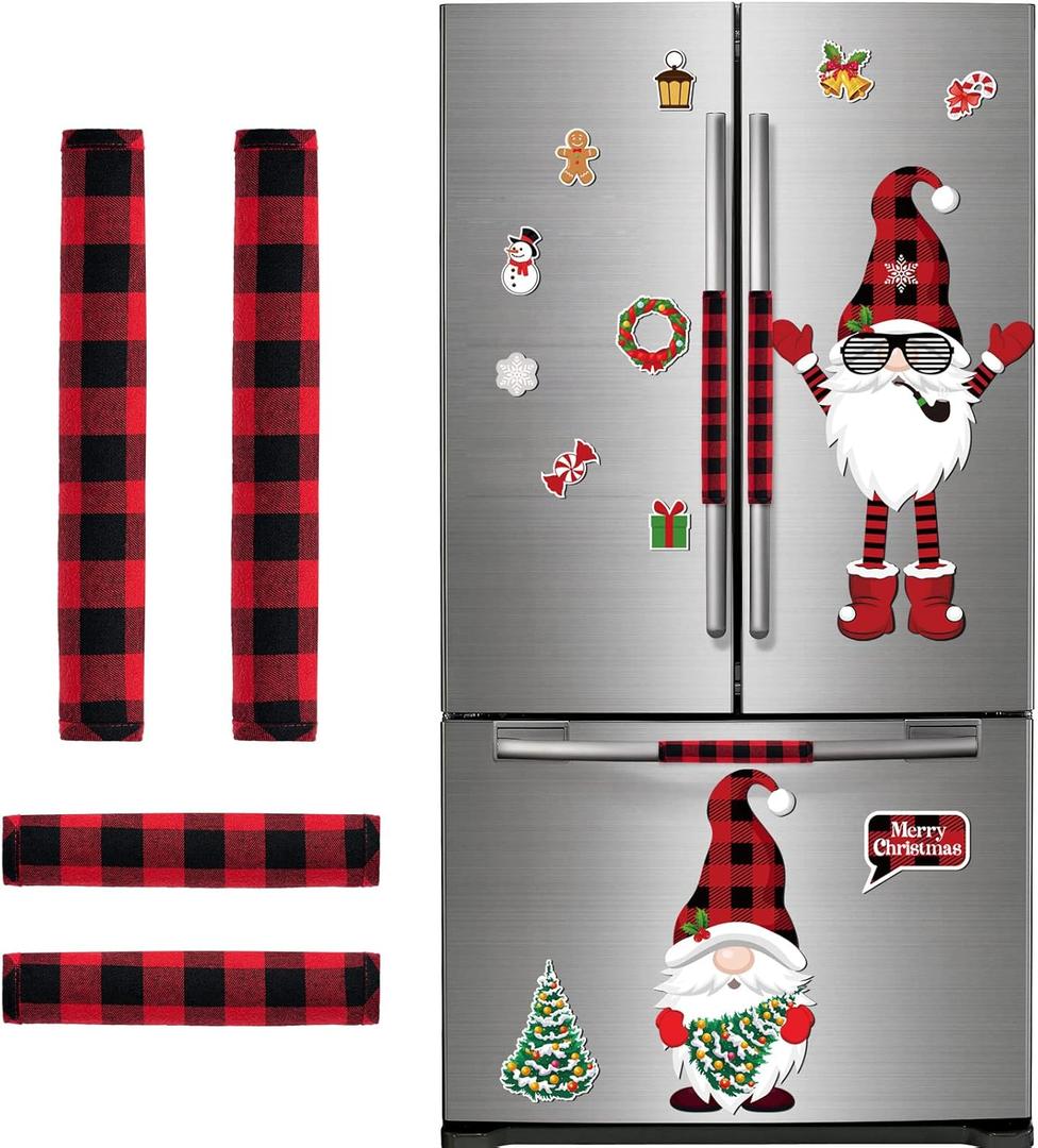 Christmas Refrigerator Door Decorations Set Includes 23 Pieces Christmas Gnome Magnets and 4 Pieces Xmas Dishwasher Covers, Xmas Refrigerator Handle Covers Set for Fridge, Metal Door, Cabinets