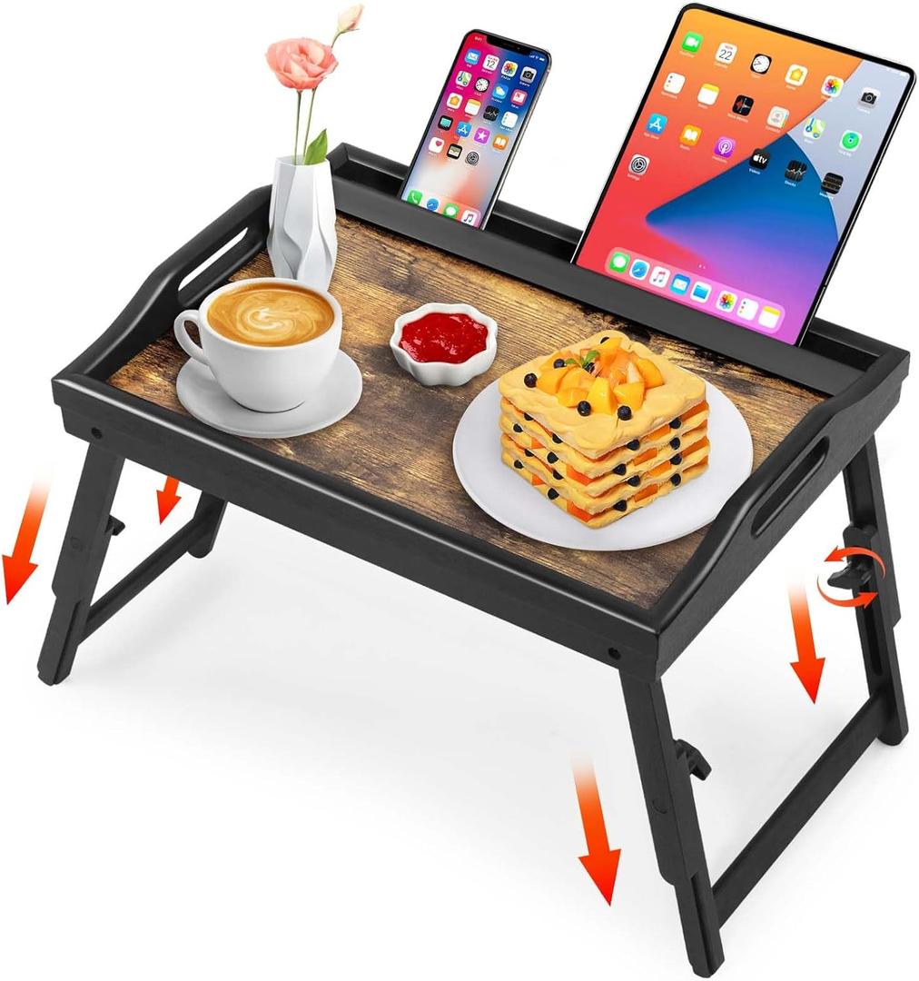 Bed Tray Table Breakfast Trays Serving Tray Bamboo Bed Laptap Floding Legs with Handles and Phone Holders