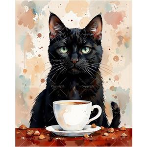 Animal Portrait Paint by Numbers Kit for Adults - DIY Black Cat and Coffee Painting on Canvas, Acrylic Paint Set, Suitable for Beginners, Cozy Art for Home Decoration or Gifts(16X20IN Framed)