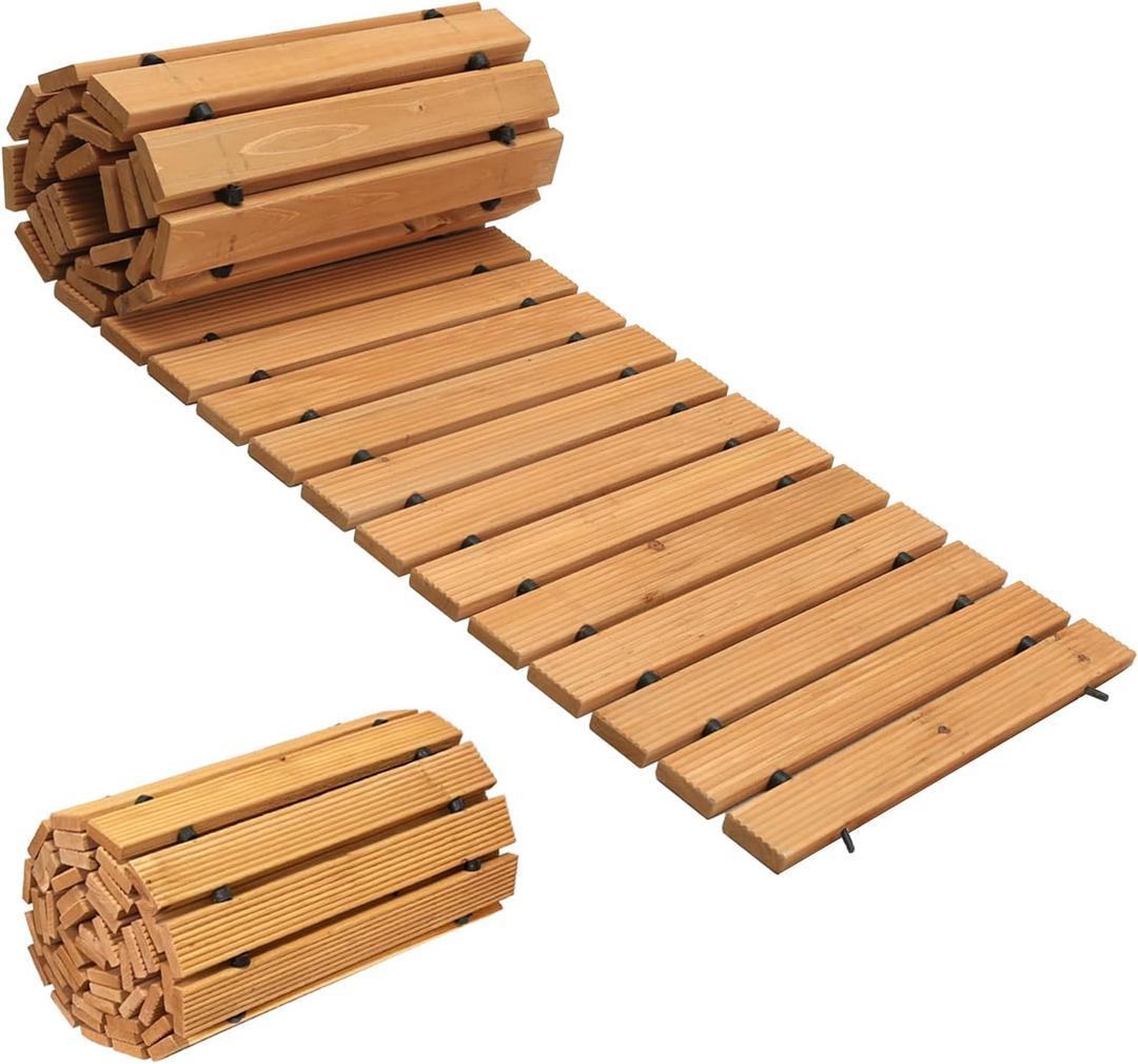 LINSHRY 8FT Wooden Garden Pathway, Outdoor Roll Out Garden Walkway, Weather-Resistant Non-Slip Wooden Walkway Pavers