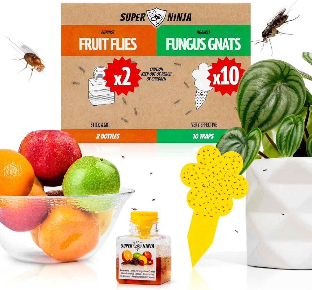 Super Ninja Gnat Traps for House Indoor - Fungus Gnat & Fruit Fly Traps - 10 Sticky Traps for Plants & 2 Highly Effective Fruit Fly Catchers for Indoors, Kid & Pet Friendly