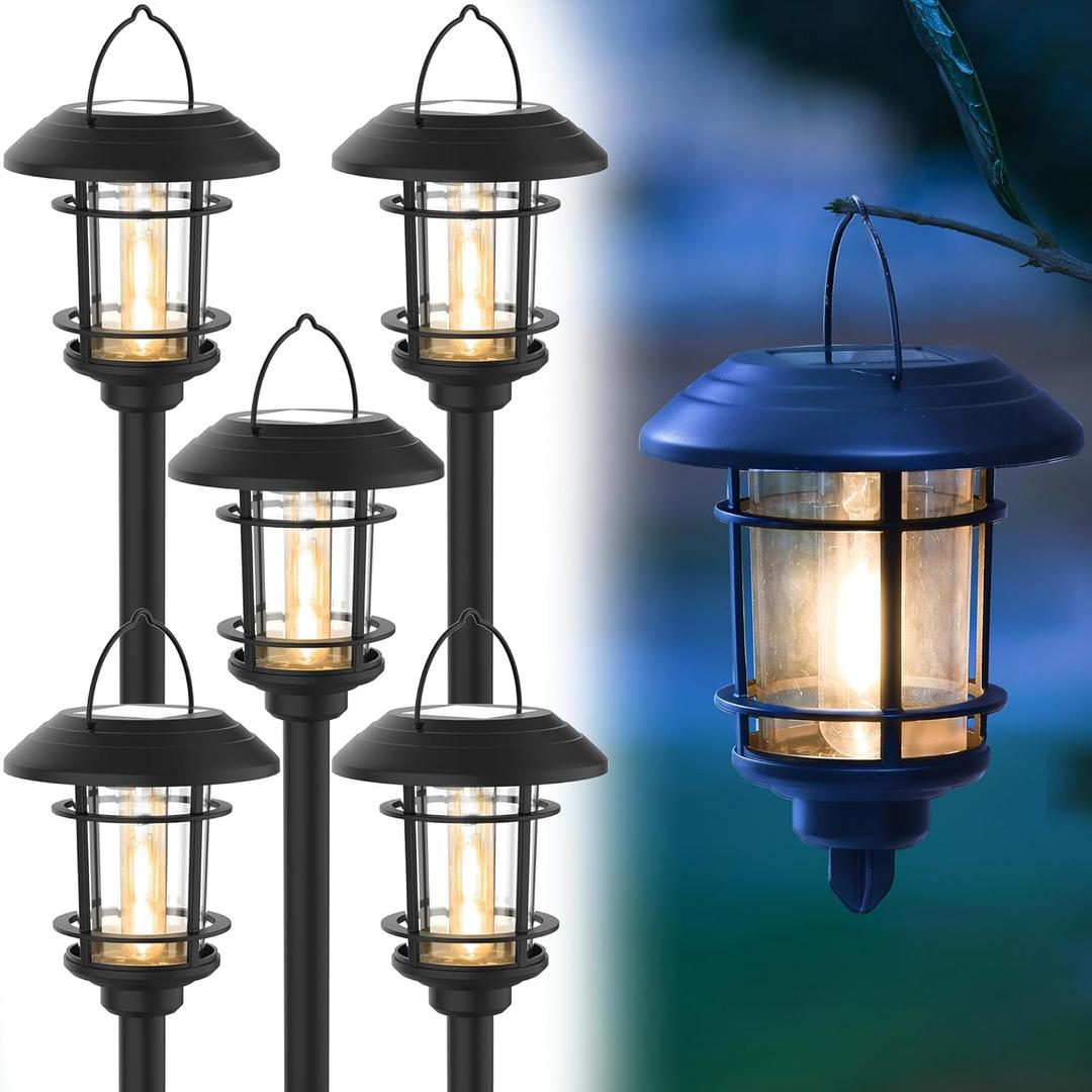 Dynaming 6 Pack Dual Use Solar Path Lights Outdoor, Hanging Lantern Solar Garden Lights with Edison Bulb, Landscape Lighting, Waterproof & Auto On/Off for Patio Pathway Walkway Driveway, Warm White (Black)