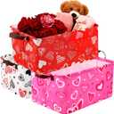 3 Pack Valentine's Day Storage Baskets Waterproof Canvas with Leather Handles Collapsible Storage Bins Cube Baskets for Closet Clothes Room Decor Gift Basket (Heart)