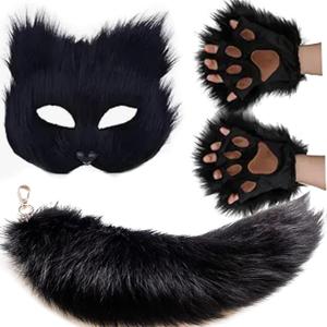YXCFEWD Cat Mask Therian Tail with Paws Furry Halloween Therian Gear Stuff Wolf Fox Costume for Cosplay Over 1 years Old (Pure Black)