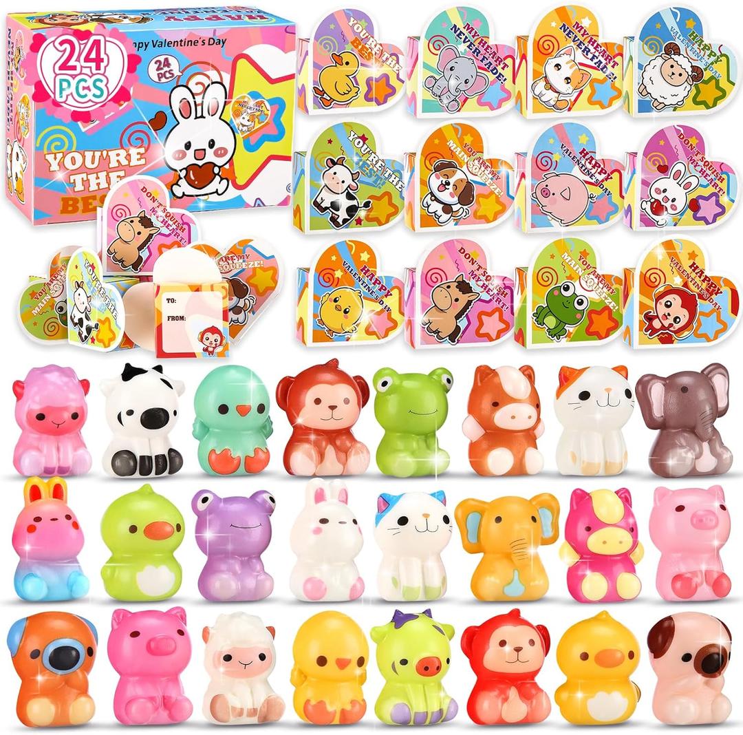 Valentines Day Gifts for Kids, 24PCS Animal Squishies with to from Valentine Cards Box, School Classroom Exchange Party Favors
