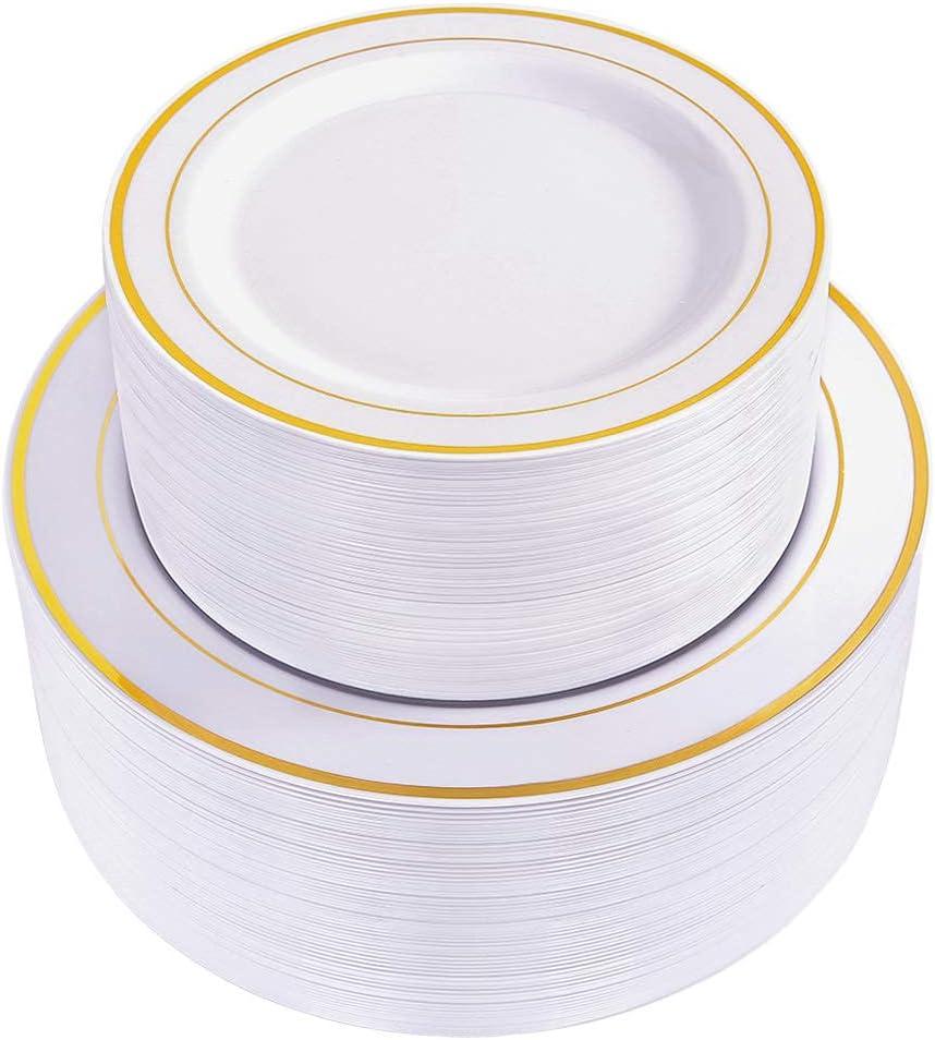 WDF 120 pieces Gold Disposable Plastic Plates - White and Gold Plates Include 10.25" Dinner Plate & 7.5" Salad Plate for Weddings/Party/Valentine's Day