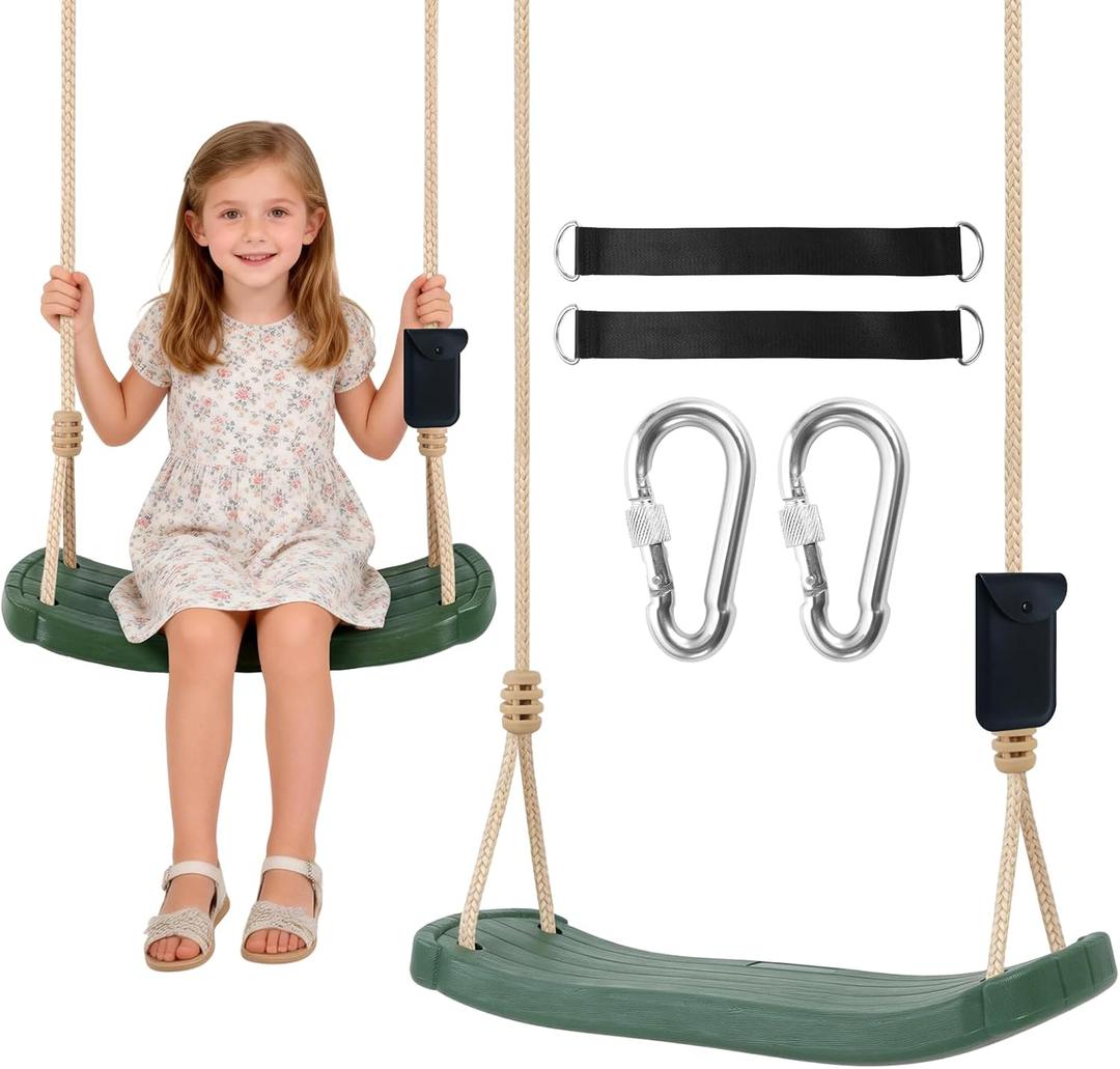Kids Tree Swing Seat with Tree Straps and Carabiners, Heavy Duty Ergonomic Straight Swing Set for Backyard, Indoor & Outdoor Rope Swing, 264 lbsGreen