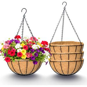 4 Pack 14 Inch Hanging Baskets for Plants Outdoor Metal Hanging Planter Basket with Coco Coir Liner Hanging Flower Baskets Hangings Flower Pots Holder for Garden, Patio(Watermelon)