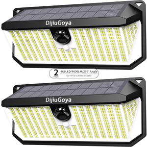 466LED 4000Lm Solar Lights Outdoor Waterproof for Security, 270 Angle & 3 Lighting Modes Motion Sensor Outdoor Lights IP68 Solar Light for Fence Garden Backyard Flood Dusk Garage 2pack (Black)
