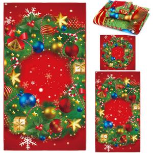 Preboun 3 Pack Christmas Bathroom Towels Set Christmas Wreath Hand Towels for Bath Decor Winter Dish Snowflake Wash Cloth for Bathroom Kitchen Hotel Beach Gym Spa (Red)