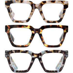 Yogo Vision Blue Light Blocking Reading Glasses for Women Big Square Oversized Computer Readers (3 Pack) (Milky Brown, Brown Havana, Blue Havana), +2.00