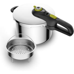 T-Fal Secure Stainless Steel Pressure Cooker, 6.3 Quart, Steam Basket, Induction, Secure Locking System, Easy and Safe Opening, Compatible with All Cooktops, Dishwasher Safe, Silver