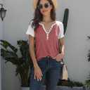 Womens Shirts Summer Henley V Neck Color Block Tshirts Raglan Short Sleeve Casaul Trendy Tops (Red)