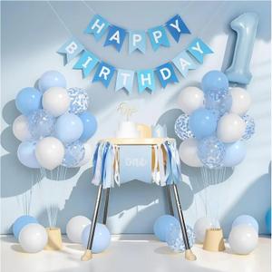 First Birthday Decorations for Boy - Complete Party Set with High Chair Banner, Number 1 Balloon, One Cake Topper, Crown, Balloons & Birthday Banner(Blue)