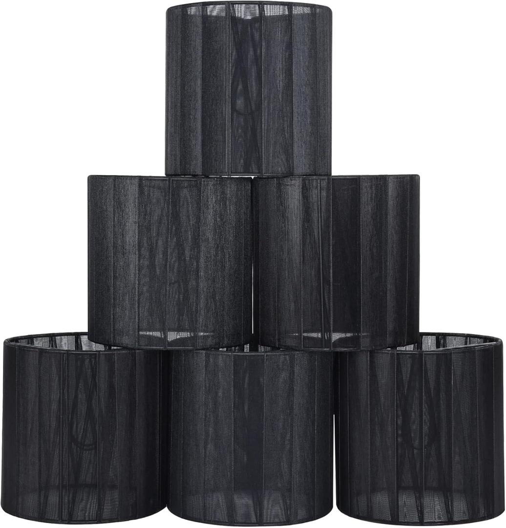 LAMPWELL LYON Clip-on Chandelier Organza Fabric Lamp Shades,Set of 6,Small Drum,5.2"5.2"H5.2", Organzy Ribbon, Handmade,Modern Trendy Decorative,ONLY FOR CANDLE BULB,Black