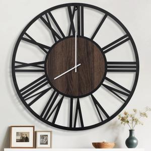 32" Extra Large Wall Clock, Silent Rustic Metal Wood Face Decorative Clock, Battery Operated Farmhouse Modern Oversized Wall Clocks for Living Room, Bedroom, Kitchen, Office, Home Decor (Dark Brown - Roman Numbers)