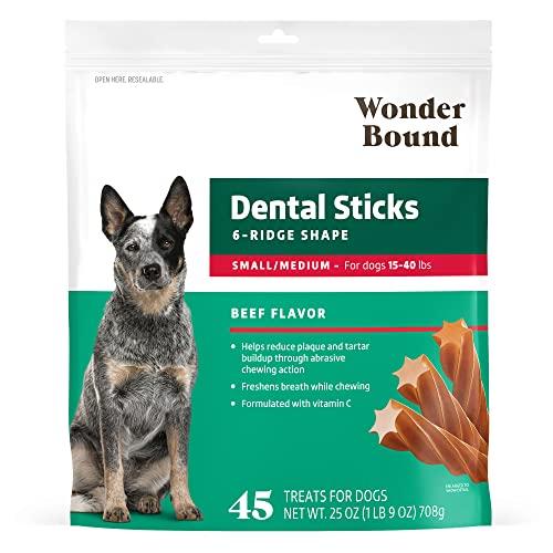Wonder Bound Beef Flavor Dental Sticks for Small/Medium Dogs (15-40 lbs), 6-Ridge Shape for Plaque & Tartar Control, Freshens Breath, Formulated with Vitamin C, 45 Count Pack of 2