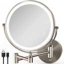 Rechargeable Wall Mounted Makeup Mirror Brushed Nickel, 8.5'' Magnifying Mirror with Lights Double-Sided 1X/10X 360 Rotation Extension Bathroom Shaving Mirror with Foldable Arm
