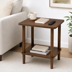 2-Tier Solid Wood End Table with Shelf, Side Table in Walnut Finish, 18.9"L x 15.7"W x 21.7"H