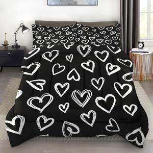 Comforter Set Full Size, Love Valentine Cute Soft 3 Pcs Bedding for Kids and Adults, Polka Heart Black White Comforter Set with 2 Pillowcases, for Bedroom Bed Decor