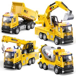 Vanvimen 4 Pcs Alloy Construction Truck Toys for 2 3 4 5 Year Old Boys, 9" Construction Vehicles with Light & Sound, Truck Toys for 1 2 3 Year Old Boys, Ideas 2 3 4 5 Year Old Boy Birthday Gifts (Yellow)