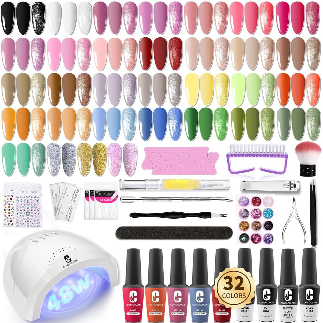 Clara Colors 32 Colors 14ml Gel Nail Polish Kit, All In One Gel Polish Set with Base Matte Glossy Top Coat Tools Nails Art Decorations Salon Gel Polish Starter Kit Full Cover Natural (NT08)