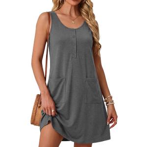 Women's Cotton Sleeveless Nightgowns Summer Tank Sleepwear Henley Lounge Dress With Pocket (Gray, M)