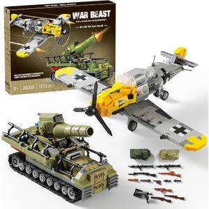 WW2 Military Toys Building Sets Compatible with Lego, Create a BF109 Plane Fighter Jet & a Karl Giant Mortar Tank, Great WWII Army Airplane Toy for Boys and Kids Age 8-12 (1015PCS)