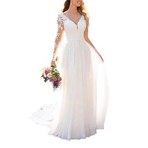 Findlovewedding Wedding Dresses for Bride with Lace Appliques Chiffon A Line Women Dress Long Sleeves Beach Bride Dress US 10 Off-White