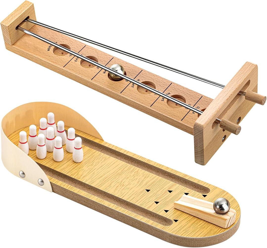 Deekin 2 Set Desktop Shoot The Moon Game Table Top Mini Bowling Game Set Classic Steel Ball Wooden Tabletop Games Wooden Board Mini Arcade Table Games Bowling Set Gag Gifts for Adult Teen Office Desk