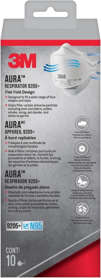 3M Aura Particulate Respirator 9205+ N95, Lightweight, Three Panel Designed Respirator Helps Provide Comfortable And Convenient Respiratory Protection, 10-Pack