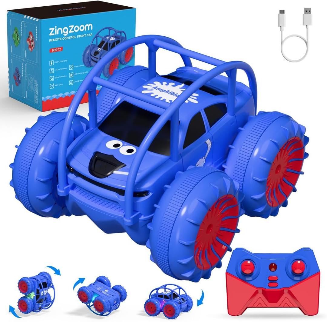 Remote Control Car, Fast Direct Charging RC Cars Amphibious 360 Rotating LED Rechargeable Stunt Car 2.4Ghz 4WD All Terrain RC Race Cars Toy Christmas Birthday Gift for Kids Boys Girls Aged 3-12 years (Blue)
