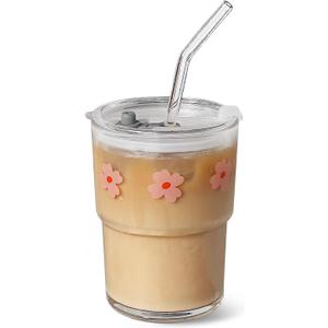13oz Glass Tumbler with Straw and Lid, Reusable Iced Coffee Cup Tumbler, Cute Glass Cups for Water, Matcha, Travel Coffee Mugs (Pink Flower) (Pink Flower - 13oz)