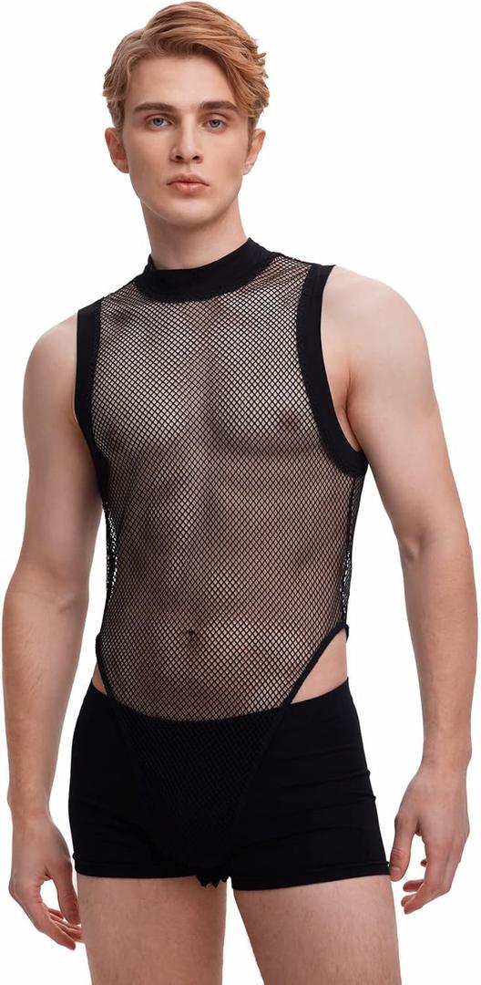 WDIRARA Men's Fishnet Mesh Mock Neck Tank Tops Sleeveless Tee Tops Bodysuit (S)