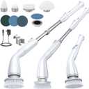 LABIGO Electric Spin Scrubber, Cordless Cleaning Brush Scrubber with 7 Replaceable Brush Heads and Adjustable Extension Handle, IPX7 Waterproof Power Cleaning Brush for Bathroom Tub Floor Tile Shower (Crisp-white)