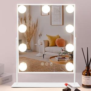 COOLJEEN Vanity Mirror with Lights, 9 Led Bulbs Lighted Makeup Mirror with Detachable 10X Magnification Mirror, Hollywood Mirror 3 Color Lights Tabletop Makeup Mirror, 360 Rotation
