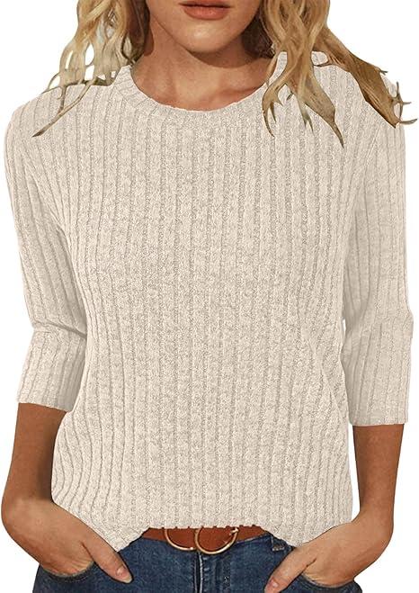 Sweaters for Women 3/4 Sleeve Tops Round Neck Loose Casual Blouses L