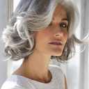 RENERSHOW Mid-length Grey Wavy Bob Wigs for Women Short Gray Curly Wig Synthetic Salt and Pepper Wigs Average Size Realistic Natural Daily Party Wigs for Older Women with Silver White Bangs(10-12inch)