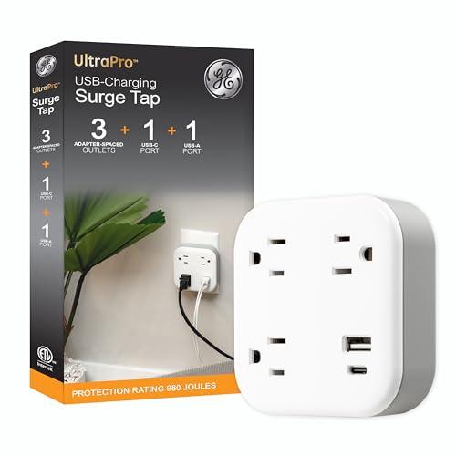 GE UltraPro 3-Outlet Surge Protector, Outlet Extendor with USB, Wall Tap, 1 USB-A, 1 USB-C, Adapter Spaced, for Home or Office, 900 Joules, Charging Station, White - 81787