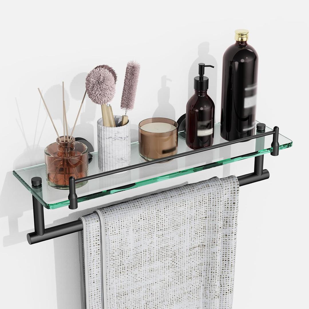 Bathroom Towel Rack with Tempered Glass Shelf 16 Inch, Matte Black Floating Wall Mount Storage