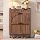 Fluted Shoe Cabinet Storage for Entryway  Narrow Shoe Rack with 2 Flip Drawers & 2 Storage Drawers, Freestanding Hidden Shoe Organizer for Foyer, Hallway (Walnut)