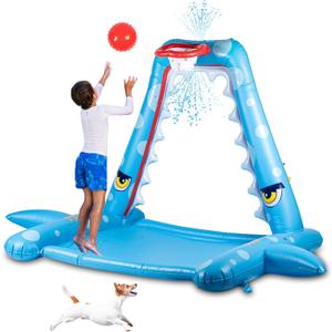 Zone Tech Splash Pad Sprinkler for Kids Outdoor Play, Big Inflatable Shark Sprinkler with Basketball Hoop Water Splash Pad for Dog, Toddlers Outdoor Water Toys, Ball and Accessories Included