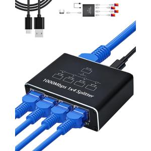 Ethernet Splitter 1 to 4 - Network Splitter with USB Power Cable, RJ45 Internet Splitter Adapter 1000Mbps High Speed for Cat 5/5e/6/7/8 Cable [4 Devices Networked Simultaneously]